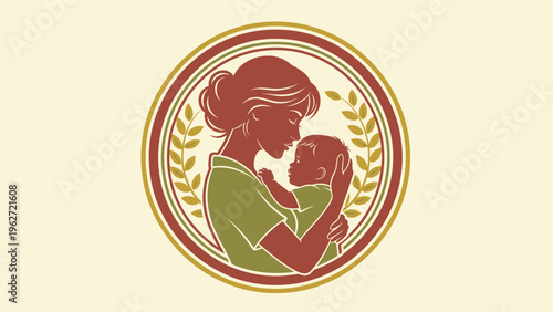 Mother Holding Baby in Circular Emblem.