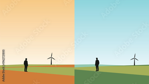 Climate Change and Sustainable Future Concept Illustration of a Man Standing in Parched Earth vs Green Field with Wind Turbines