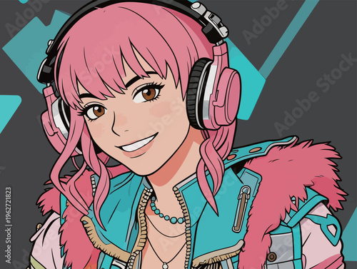 A young woman with pink hair and headphones smiles while wearing bright clothing in a colorful digital art style