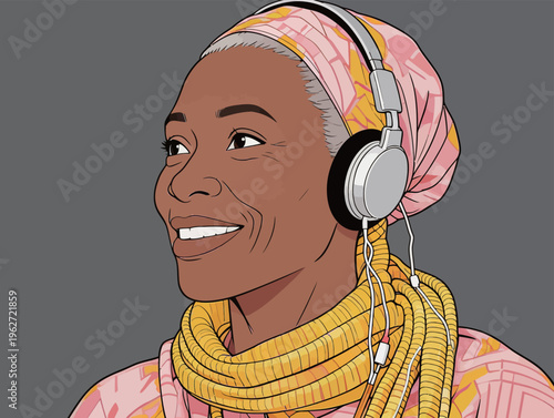 Older woman listens to music with headphones while wearing a colorful headscarf and long necklace