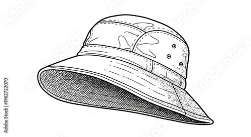 Vintage Engraved Bucket Hat Illustration.