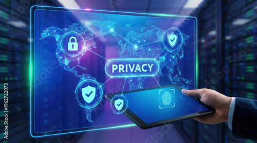 Cyber security networking icons optimization project innovation privacy protect safe attack security buying concept over world map digital tablet interface online privacy protection