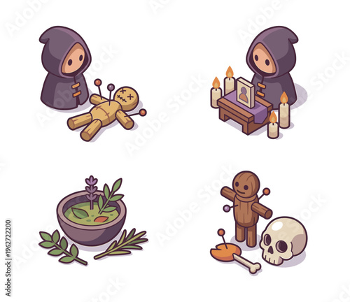 Cute isometric witchcraft illustration set with hooded cultist character, wooden voodoo doll vector, skull, magic potion bowl, and ritual altar for spooky game design.