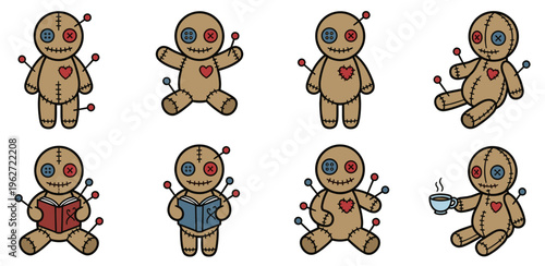 Cute creepy voodoo doll vector character collection in various poses including reading a book, drinking tea, and sitting with colorful pins stuck in the stitched heart and body.