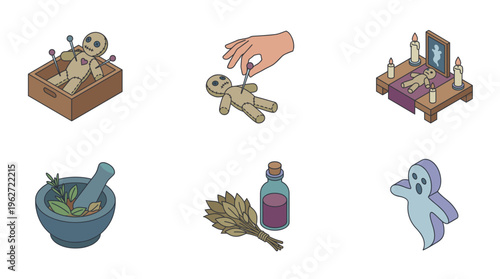 Isometric witchcraft and voodoo doll vector illustration set featuring creepy ritual altar, ghost, magic potion bottle, mortar, herbs, and a hand putting a needle into the toy.