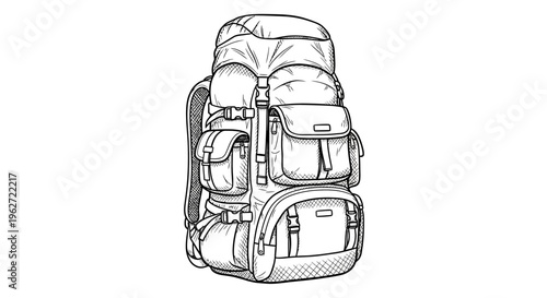 Detailed Line Art Illustration of a Backpack for Hiking and Travel.