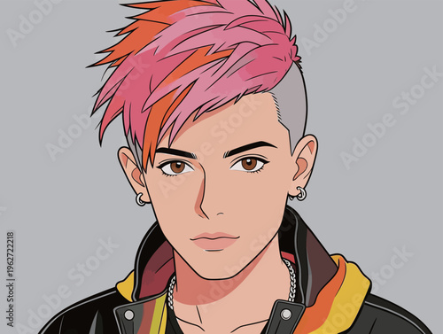 Young person with spiky hair in bright colors wearing a black jacket and silver accessories in a digital art style