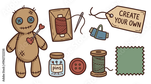 Hand drawn create your own voodoo doll vector illustration set with sewing kit, needles, threads, buttons, fabric patch, and creepy stitched doll for magical dark crafting design.