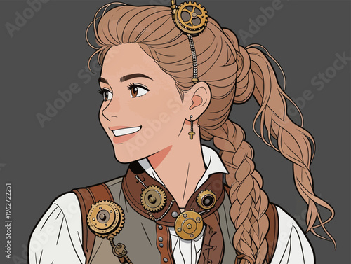 Woman with gears in hair shows a smiling expression and wears a unique outfit inspired by steampunk themes in a digital art style
