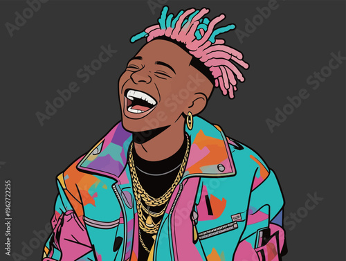 Young man smiles wide while wearing colorful jacket and chains, expressing joy and energy in digital art style