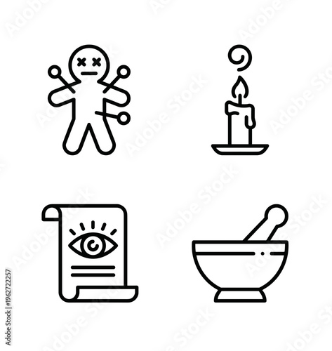 Black outline witchcraft and magic icon set featuring a voodoo doll vector with pins, melting candle, magic spell scroll, and mortar for esoteric occult design elements.