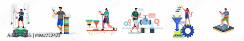 Set of vector illustrations representing various aspects of technology, data engineering, software development, cloud infrastructure, and electronic hardware design by professional experts.