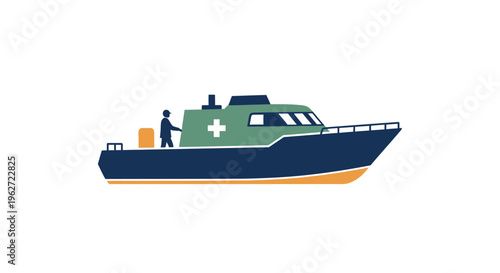 Medical rescue boat illustration with a person on deck