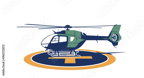 Helicopter landing on a helipad with a clear illustration