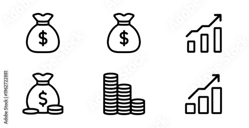 Financial icons including money bags coins and growth charts