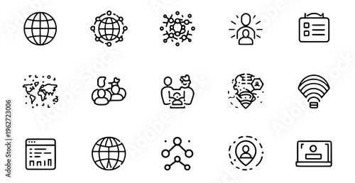 Collection of 14 line icons related to global connections and networking
