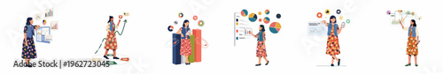 Series of flat vector illustrations showing a woman analyzing data, tracking business growth, and monitoring social media performance using various charts and graphs.