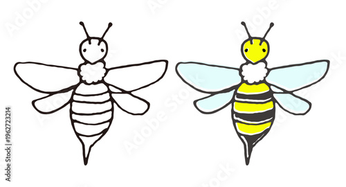 かわいい蜂のイラスト線画ベタ塗りセット｜ミツバチ・昆虫・手描き風キャラクター素材