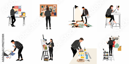 Collection of creative professionals, graphic designers, and artists working on various projects, including posters, mood boards, and packaging designs in a studio setting.