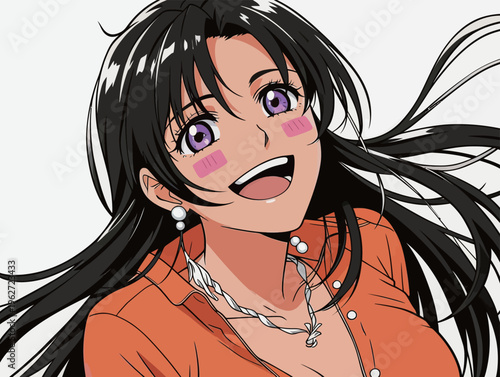 Young woman with long black hair smiles brightly while wearing an orange shirt and pearl earrings