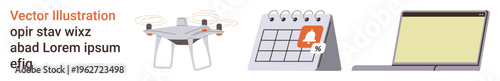 Technology, scheduling, remote work, quadcopter automation, productivity, notifications. Quadcopter with propellers, calendar with alert icon and laptop screen. Technology and scheduling workflow