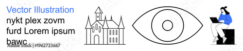 Education, creativity, surveillance, architectural heritage, digital work, technology. Castle, eye symbol and a person using a laptop. Education and creativity in visual expression