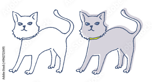 かわいい猫のイラスト線画ベタ塗りセット｜シンプル手描き風ネコ・ペットキャラクター素材