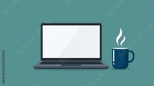 Laptop and coffee cup on teal background