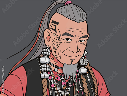 Man with long hair and tattoos wears jewelry and expressions during a creative art moment in a graphic design context