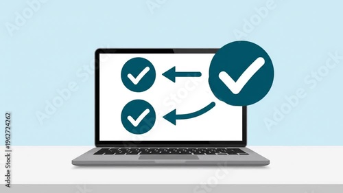 Business process management and automation on a laptop with checkmarks and arrows