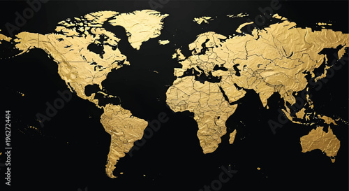 Luxury gold world map with textured metallic finish, elegant golden global atlas on black background, premium world map vector for corporate business