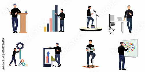 Set of business man character illustrations in various work scenarios, including presentations, data analysis, strategy planning, and startup management.