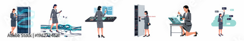 Collection of illustrations featuring a professional woman working in information technology, including data centers, hardware repair, network management, and cloud computing.