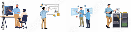 Set of flat vector illustrations depicting professional men working in various IT roles, including coding, system administration, cybersecurity, and data analysis.