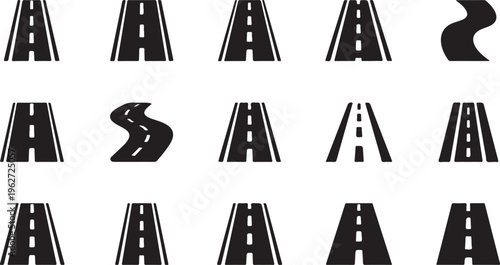 Various Roadway Signs and Highway Lane Markings Icons Set