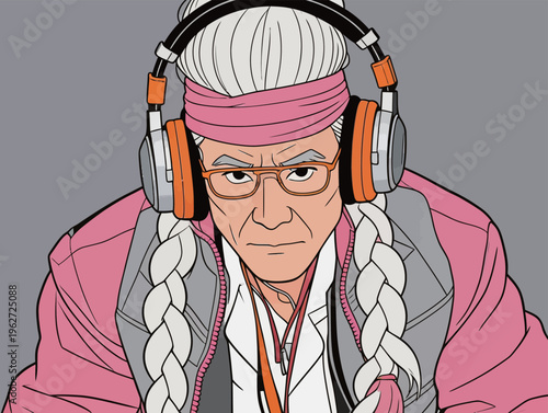 Older man wearing headphones sits with a serious expression while listening to music in a simple grey background