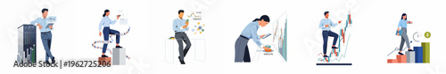 Vector illustrations of professional men and women engaged in stock market trading, data analysis, financial investment strategies, and business growth concepts.