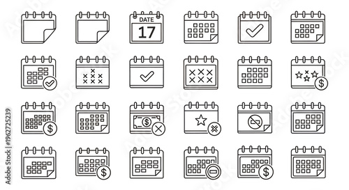 Set of monochrome calendar icons demonstrating different dates and layouts for graphic design.