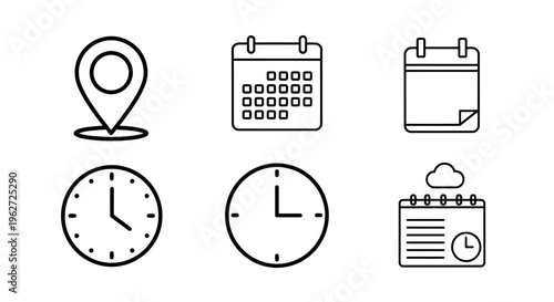 Set of line icons including location pin, calendar pages, clocks, and identification badge.
