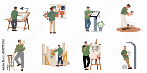 Collection of male designer character illustrations showcasing different creative workflow stages, from sketching and branding to digital design and presentation.