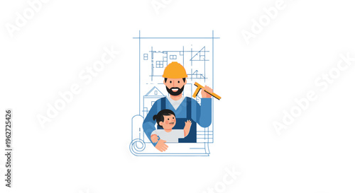 Male Architect Working on Blueprint with Tools.