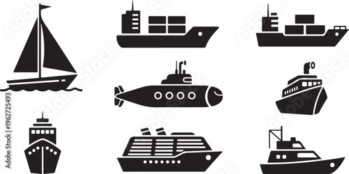 Collection of various boat and ship silhouettes on white