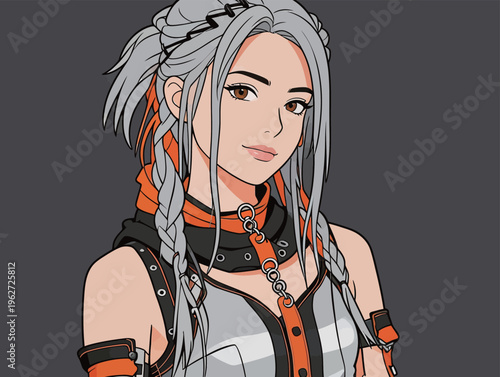 Character with silver hair and braided style wearing a black and orange outfit in a digital art setting