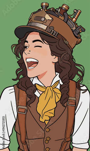 Woman wearing a steampunk hat smiles and enjoys a moment of joy in a colorful setting with a focus on her unique style