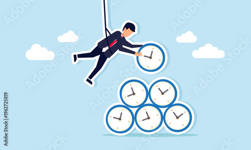 Businessman lifting with rope stacking clocks illustration of time management effort to complete multiple business projects
