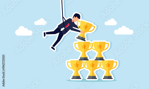 Businessman lifting with rope stacking trophies illustration of effort to maintain leading company status