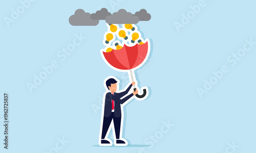 Businessman catching falling light bulbs from clouds with an upside down umbrella illustration of capturing innovative new business ideas