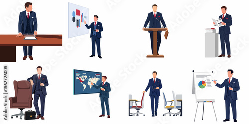 Illustrations of a professional businessman in a pinstripe suit during various work scenarios like presenting, analyzing reports, and speaking from a podium.