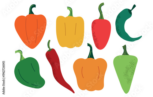 Collection of colorful peppers in a flat doodle style, isolated on white background. Set features bell peppers, chili, and habanero in orange, yellow, red, and green. Minimalist vector illustration wi