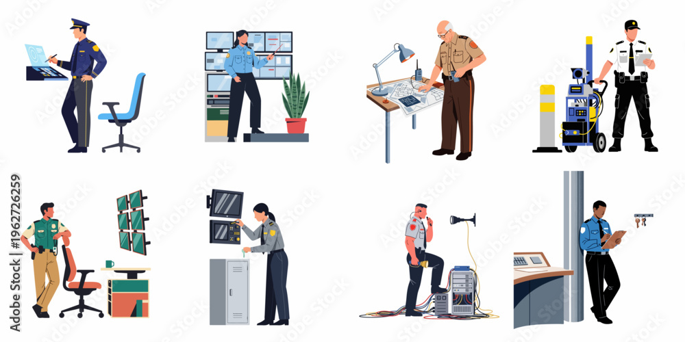 Ταπετσαρία Set of Professional Security Guard Illustrations Portraying Diverse Surveillance